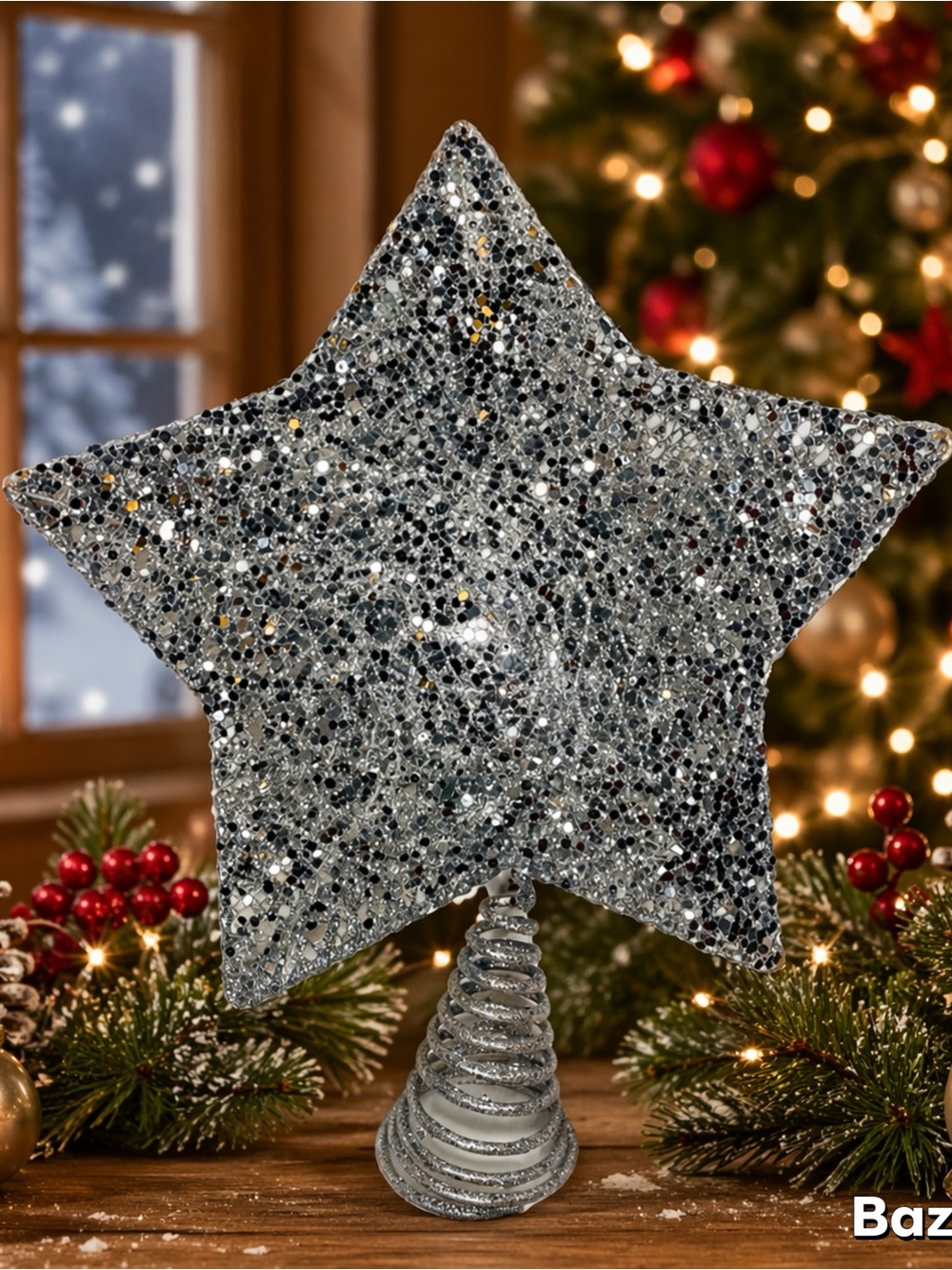 12” Silver Sequin star Christmas Tree topper